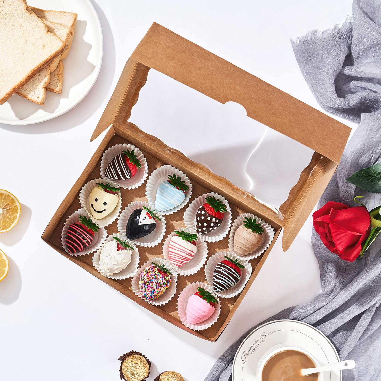 50PCS 10 x 7 x 2.5 inches One Piece Brown Bakery Boxes, Cookie Boxes, Natural Kraft Brown Strawberry Boxes with Display Window